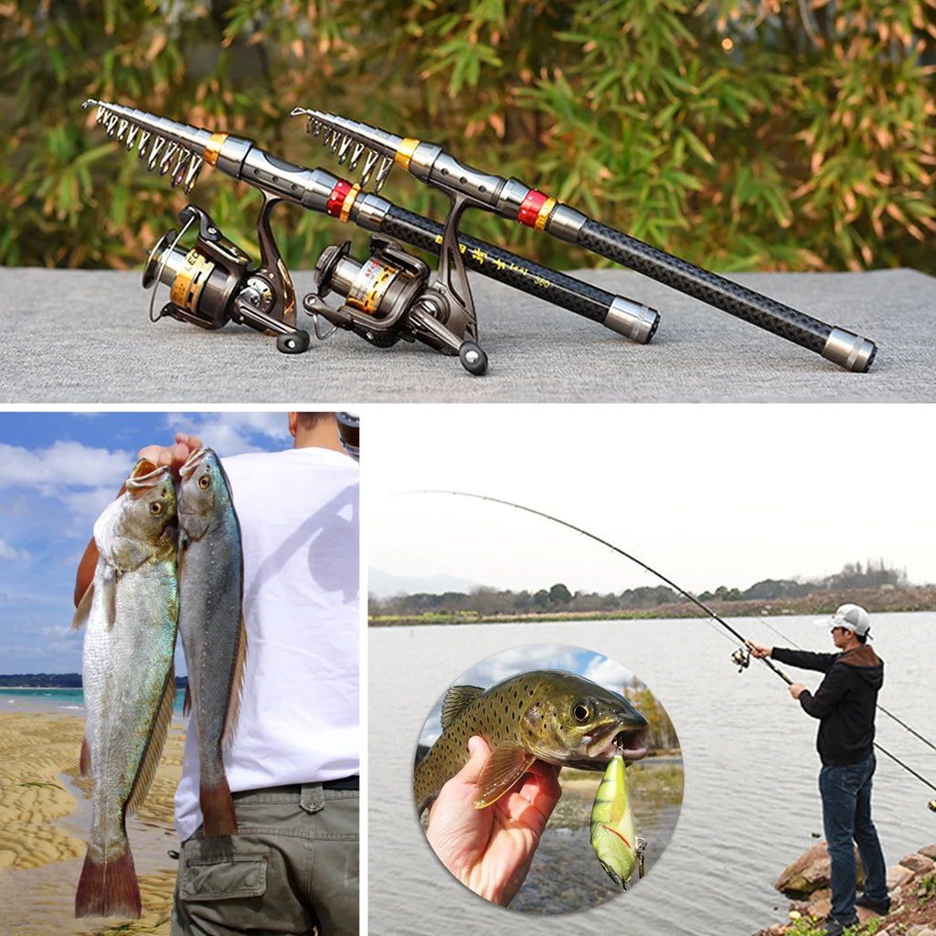 2PCS Carbon Fiber Telescopic Fishing Rod and Reel Combo Kit,Spinning Fishing Reel Gear Organizer Pole Set