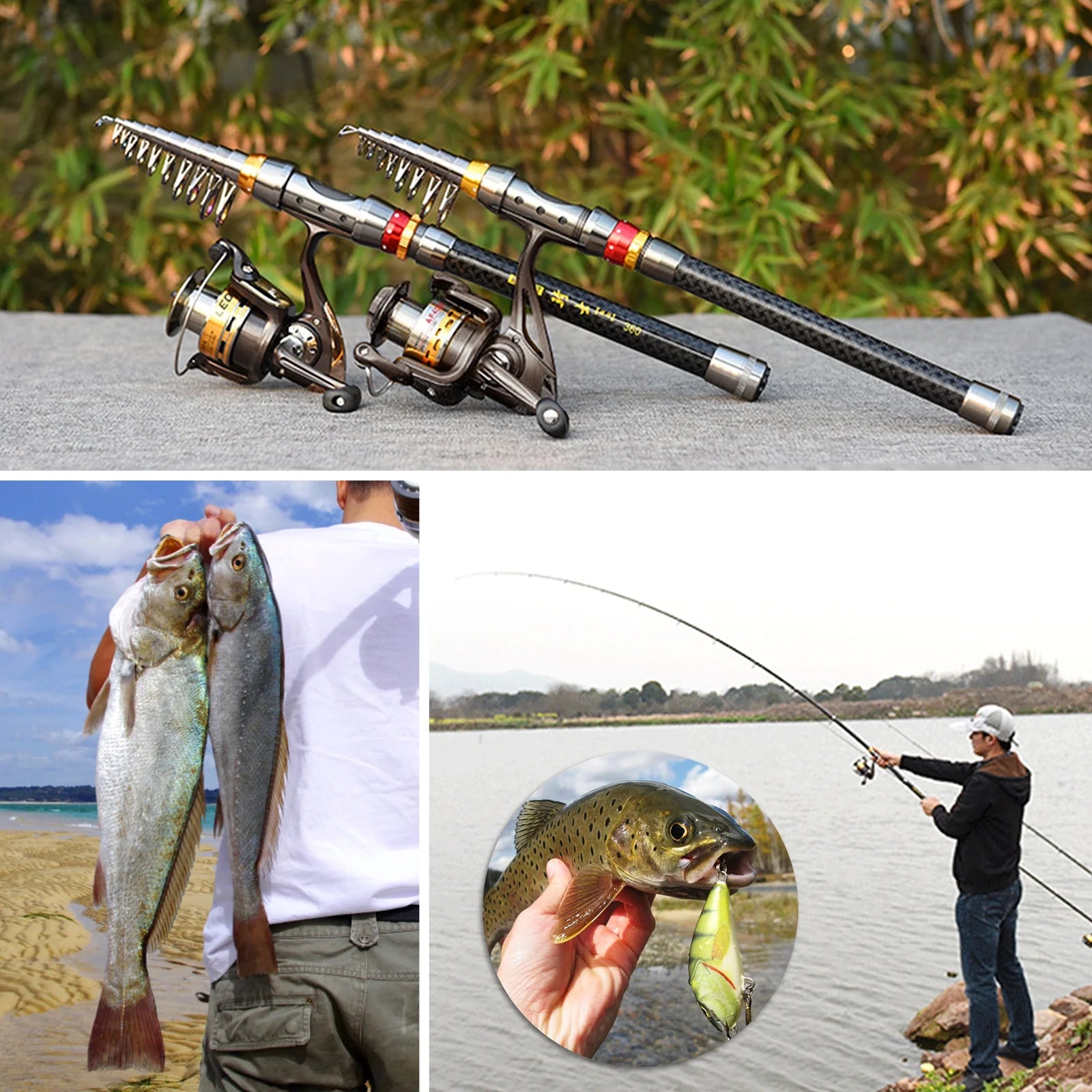 2PCS Carbon Fiber Telescopic Fishing Rod and Reel Combo Kit,Spinning Fishing Reel Gear Organizer Pole Set