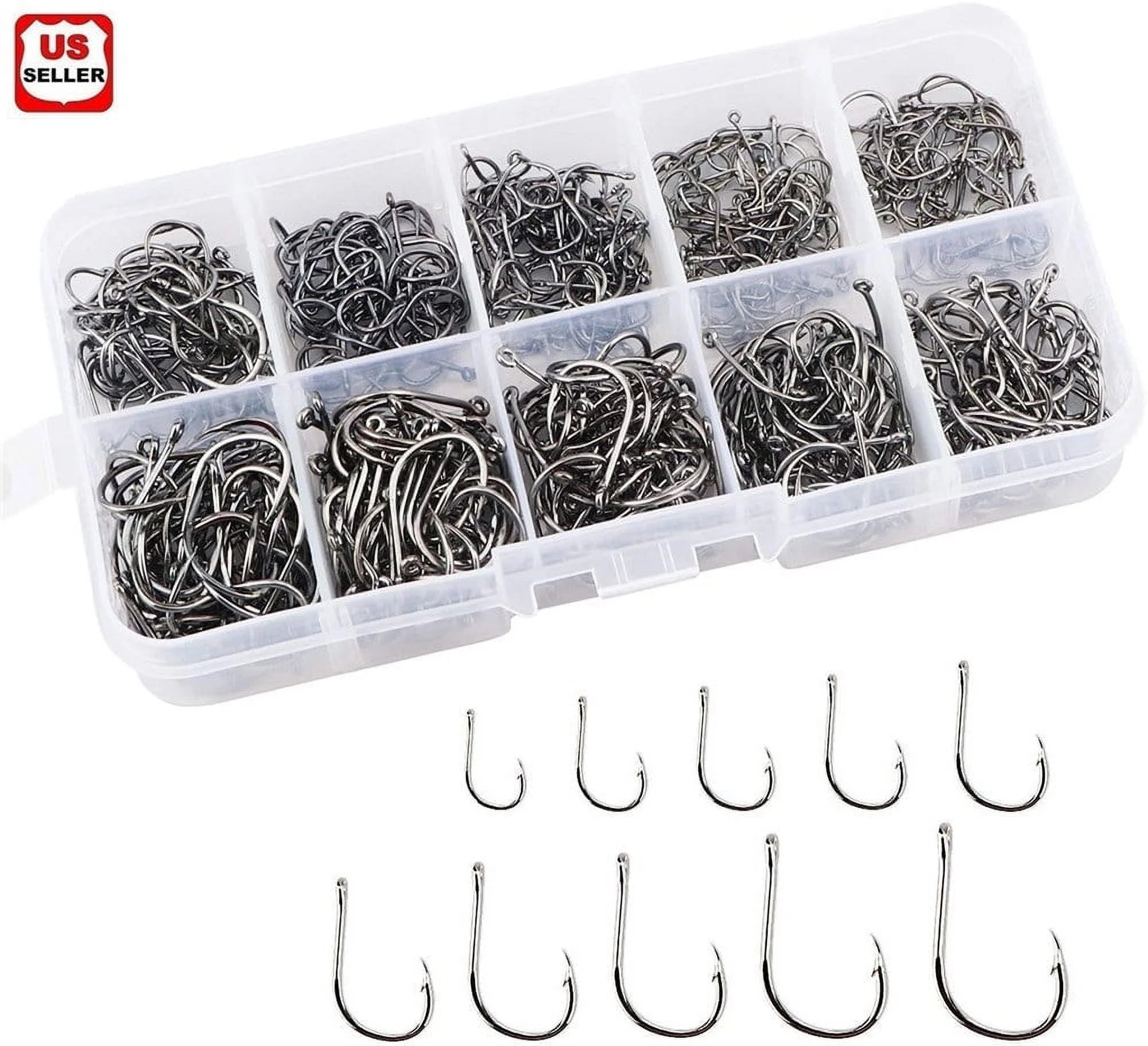 Small Assorted 500Pcs Fish Hooks - 10 Sizes, Black Silver Sharpened, High Carbon Material with Quality Kit