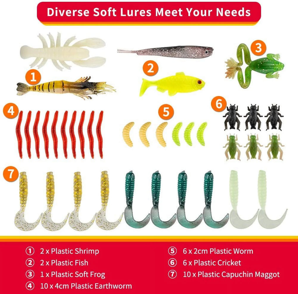Fishing Lures Kit for Freshwater Bait Tackle Kit for Bass Trout Salmon Fishing Accessories Tackle Box Including Spoon Lures Soft Plastic Worms 78-Piece