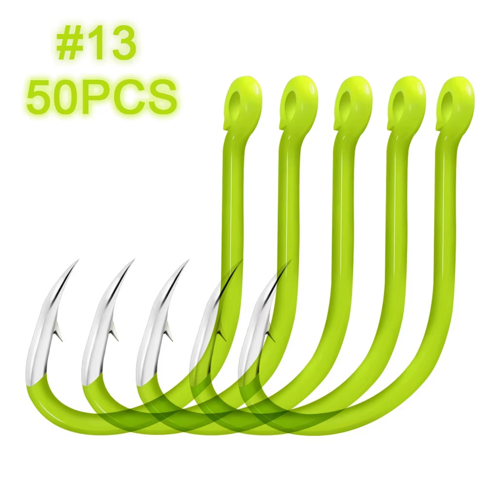Lixada 50Pcs Fluorescent Fishing Hooks High Carbon Steel Fishing Hooks Fishing Tackle Accessories
