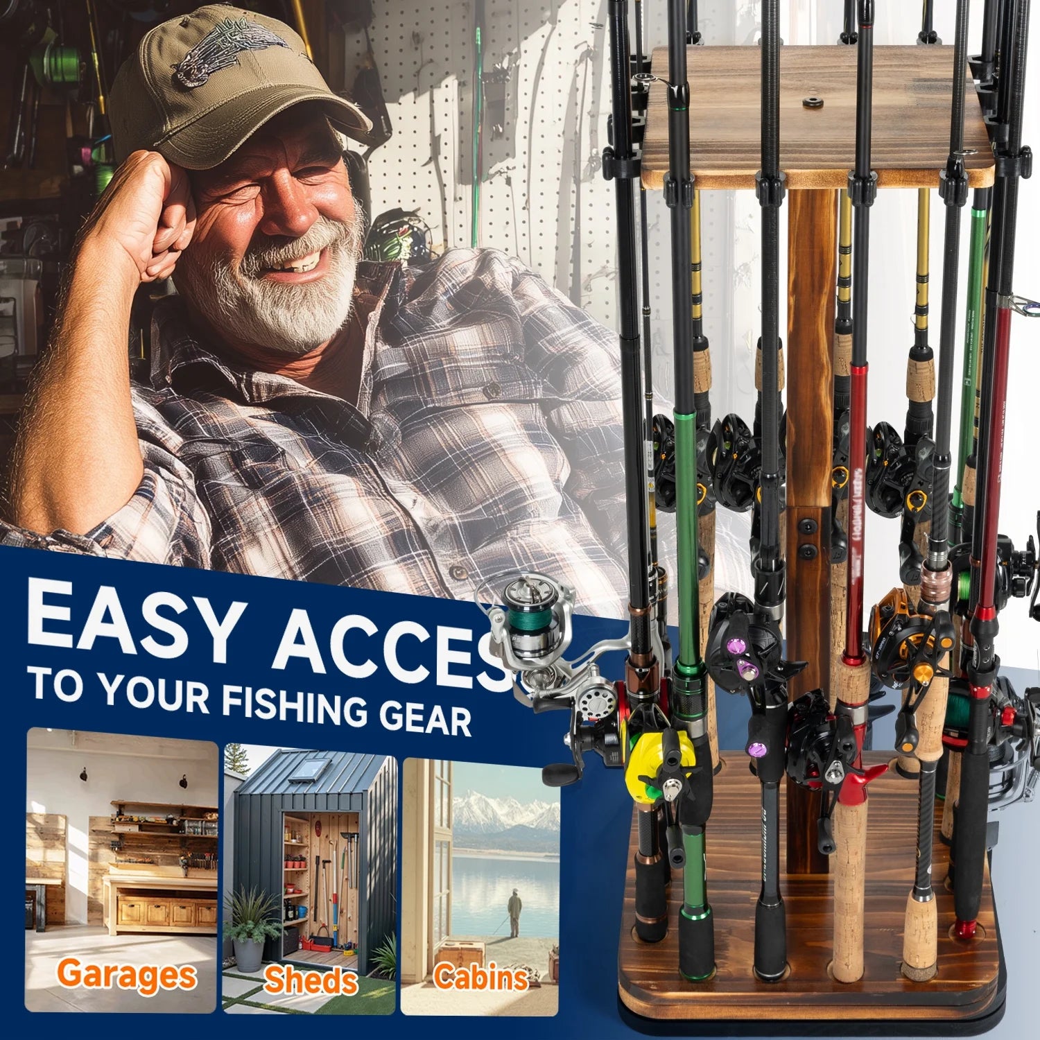 Fishing Rod Pole Holders for Garage 360°Rotating for 16 Rods, Wooden Fishing Pole Rod Rack Storage Organizer,Gift for Mother Father