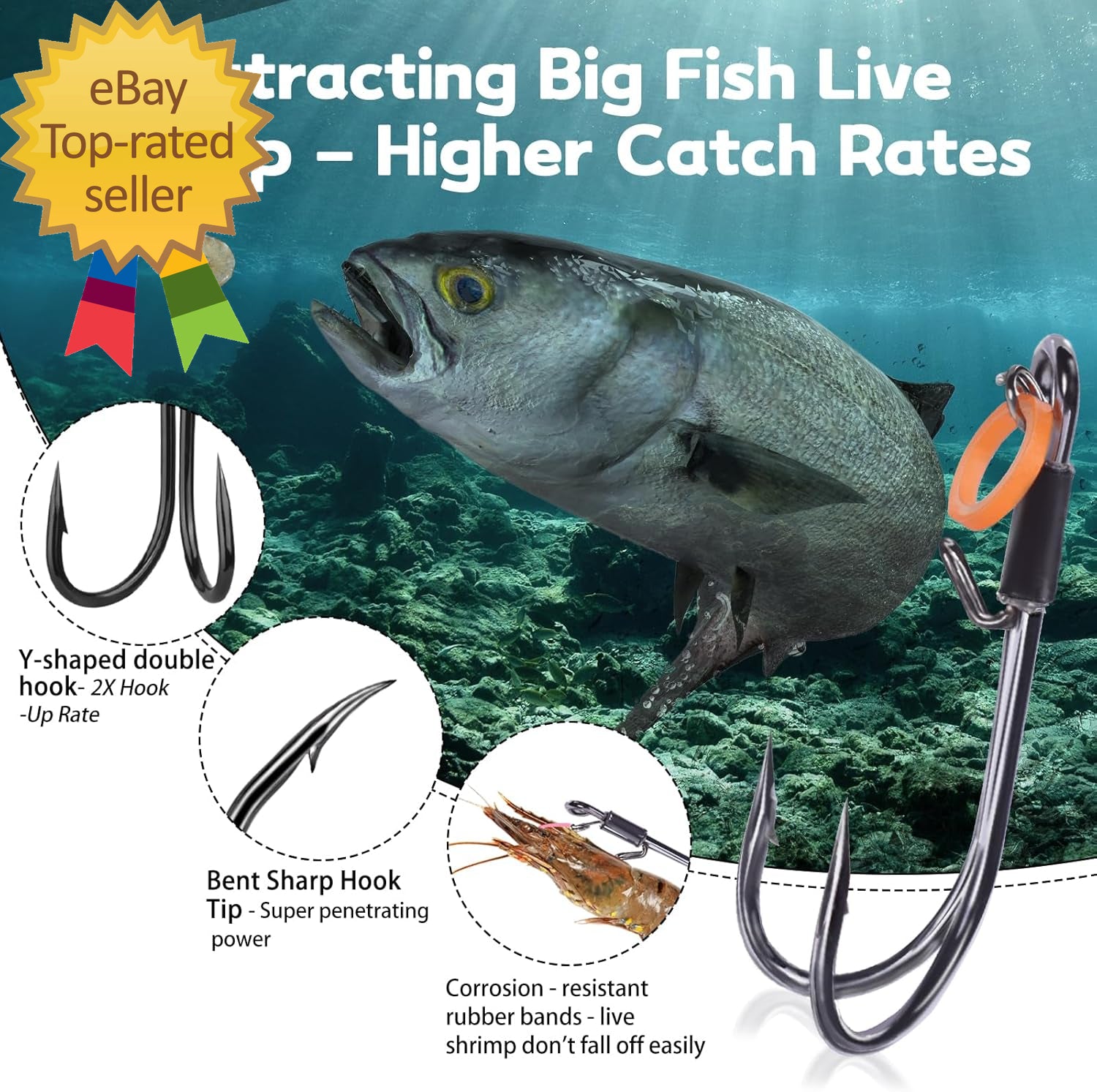 Live Shrimp Hooks 10/15PCS Double Fishing Hooks Shrimp Hooks Fishing Saltwater