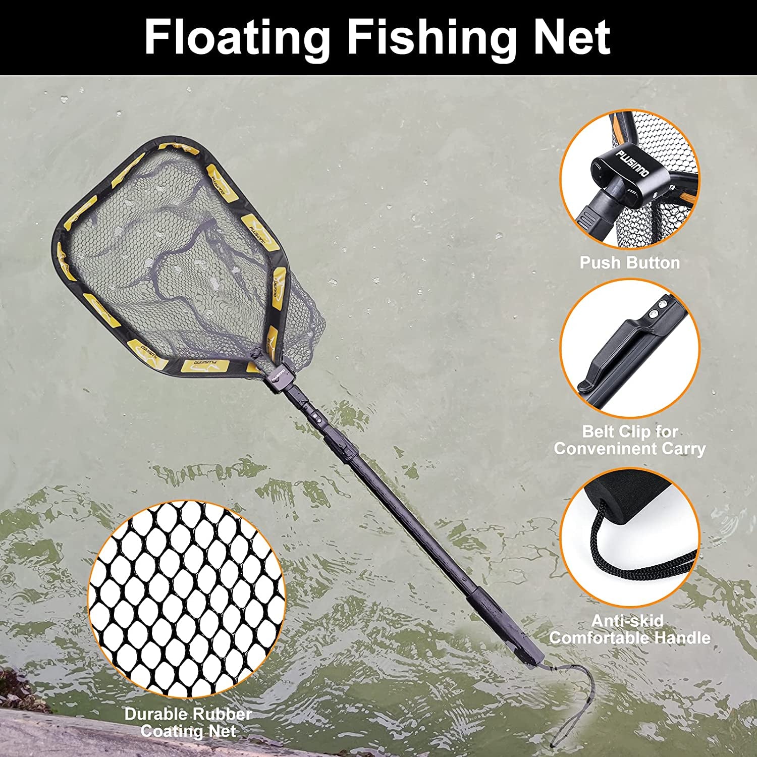 Floating Fishing Net for Steelhead, Salmon, Fly, Kayak, Catfish, Bass, Trout Fishing, Rubber Coated Landing Net for Easy Catch & Release, Compact & Foldable for Easy Transportation & Storage