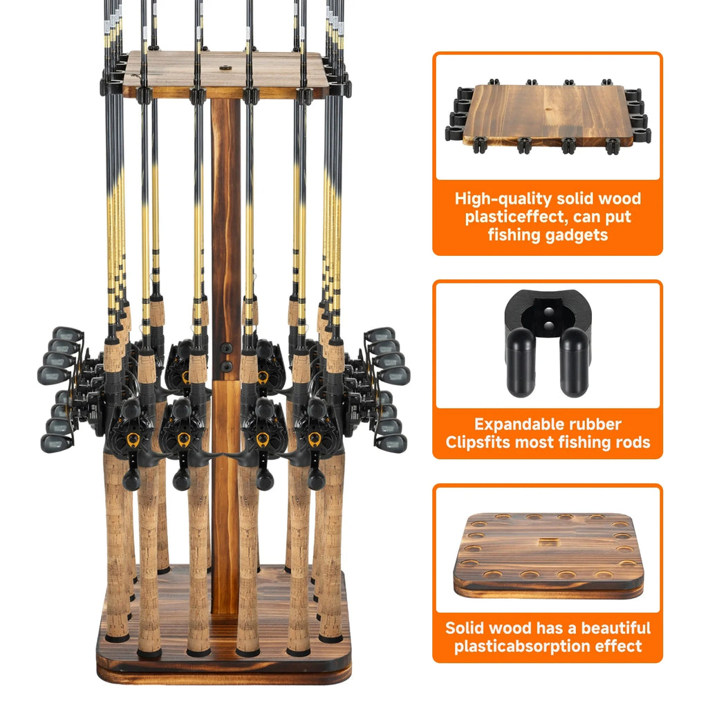 Fishing Rod Pole Holders for Garage 360°Rotating for 16 Rods, Wooden Fishing Pole Rod Rack Storage Organizer,Gift for Mother Father