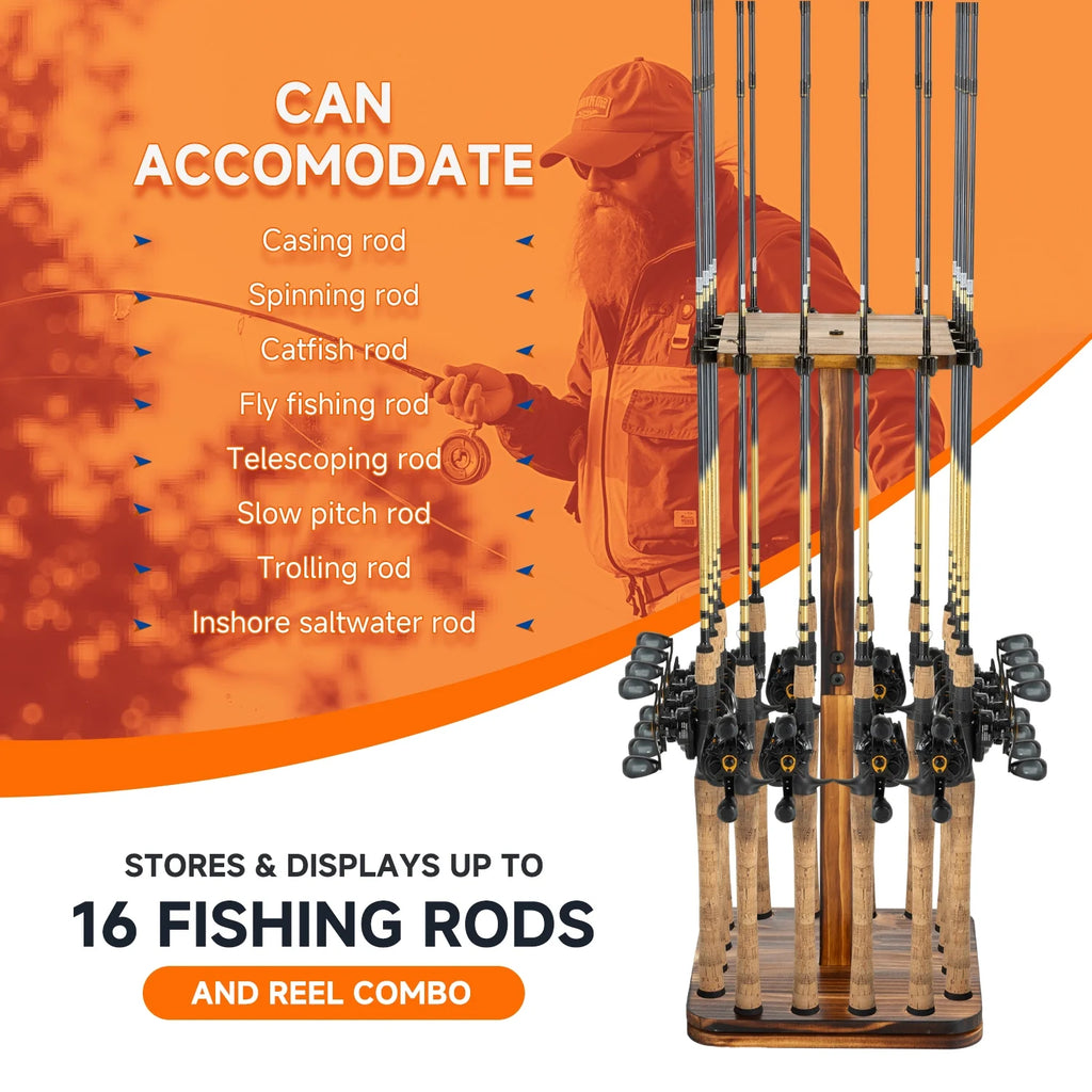Fishing Rod Pole Holders for Garage 360°Rotating for 16 Rods, Wooden Fishing Pole Rod Rack Storage Organizer,Gift for Mother Father