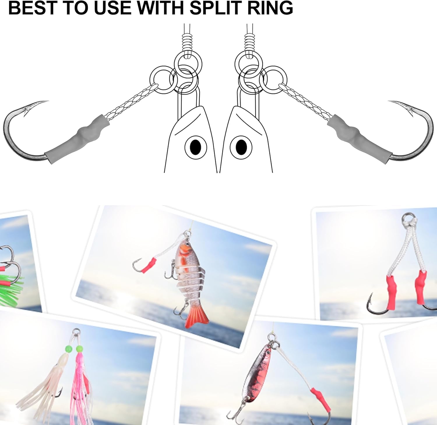 Fishing Assist Hooks with PE Line for Jigging, 30Pcs Saltwater Jigging Assist Hooks Vertical Butterfly Jig Slow Pitch Jig Braid Cords