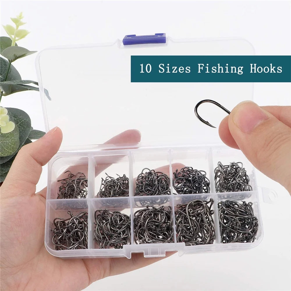 Small Assorted 500Pcs Fish Hooks - 10 Sizes, Black Silver Sharpened, High Carbon Material with Quality Kit