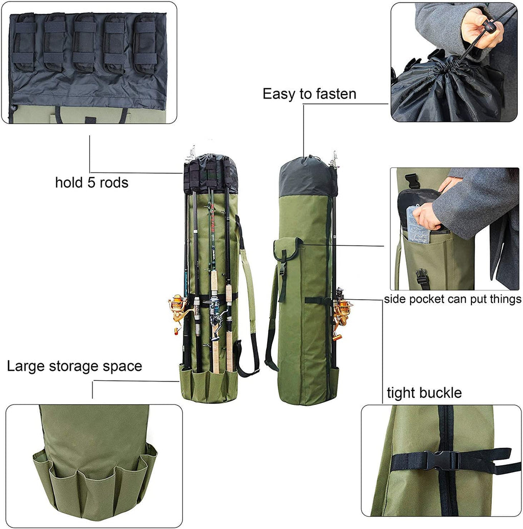 Multifunction Fishing Pole Bag - Waterproof Rod Reel Bag Carrier Case, Durable Canvas Tackle Large Storage Gift for Men Travel, Khaki