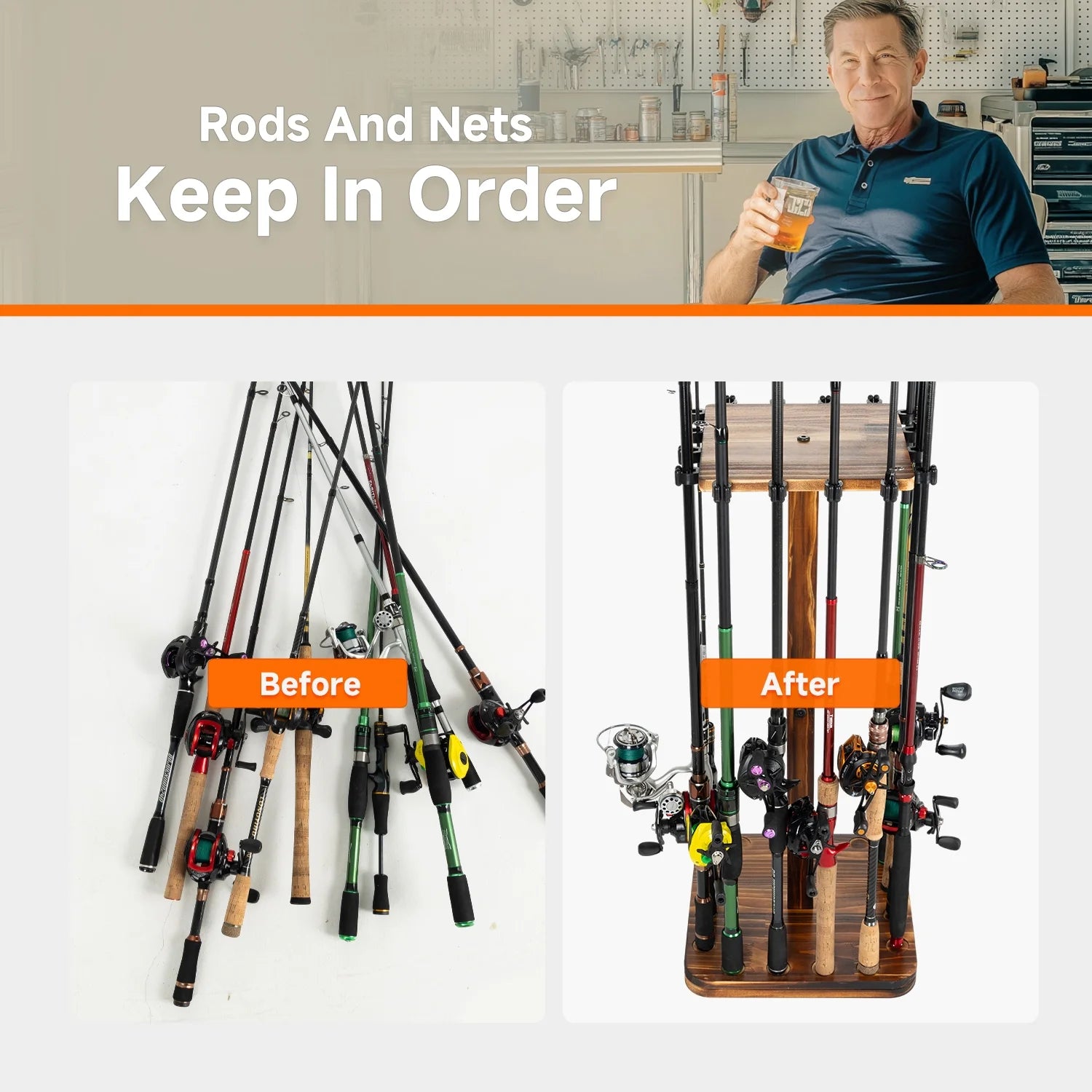 Fishing Rod Pole Holders for Garage 360°Rotating for 16 Rods, Wooden Fishing Pole Rod Rack Storage Organizer,Gift for Mother Father