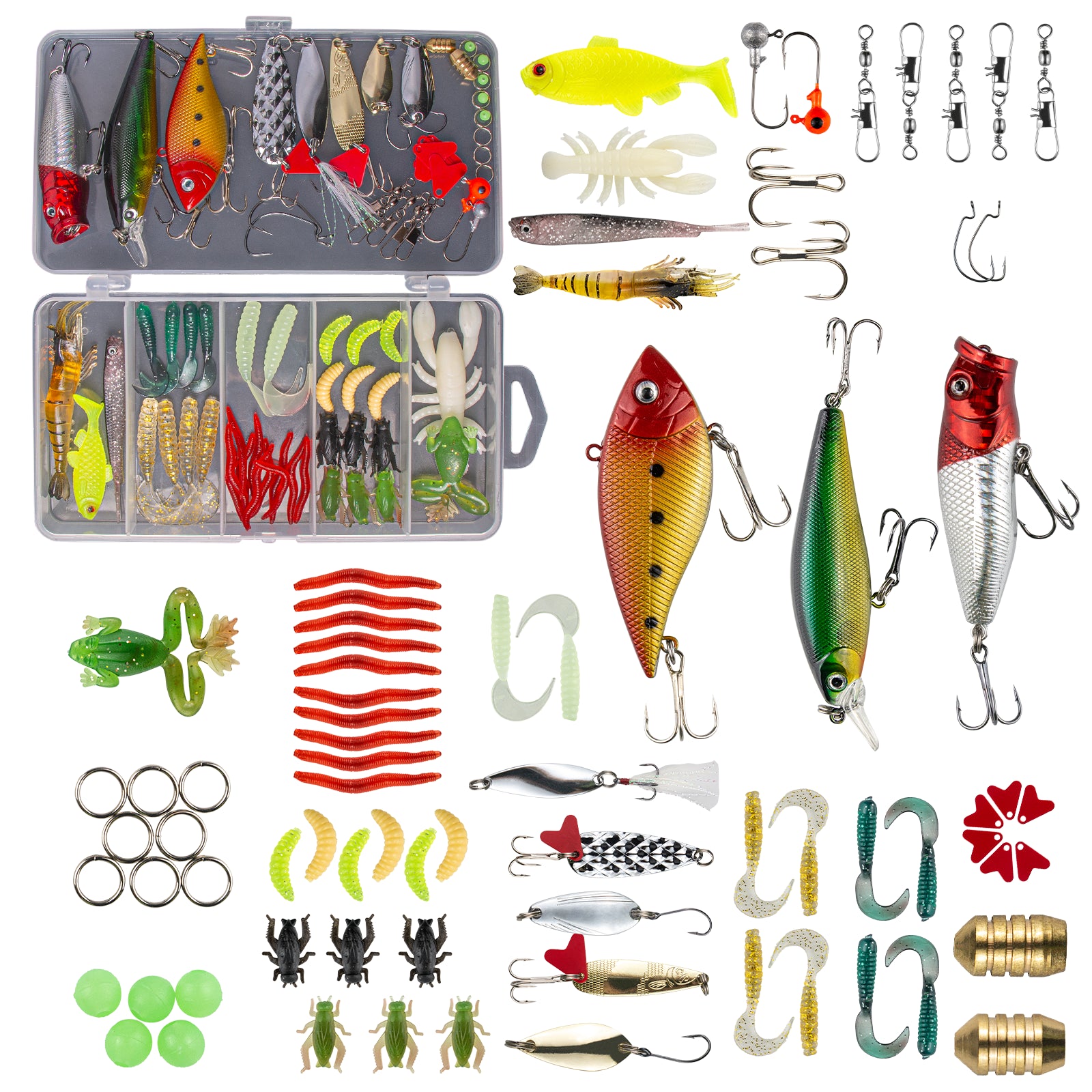 Fishing Lures Kit for Freshwater Bait Tackle Kit for Bass Trout Salmon Fishing Accessories Tackle Box Including Spoon Lures Soft Plastic Worms 78-Piece