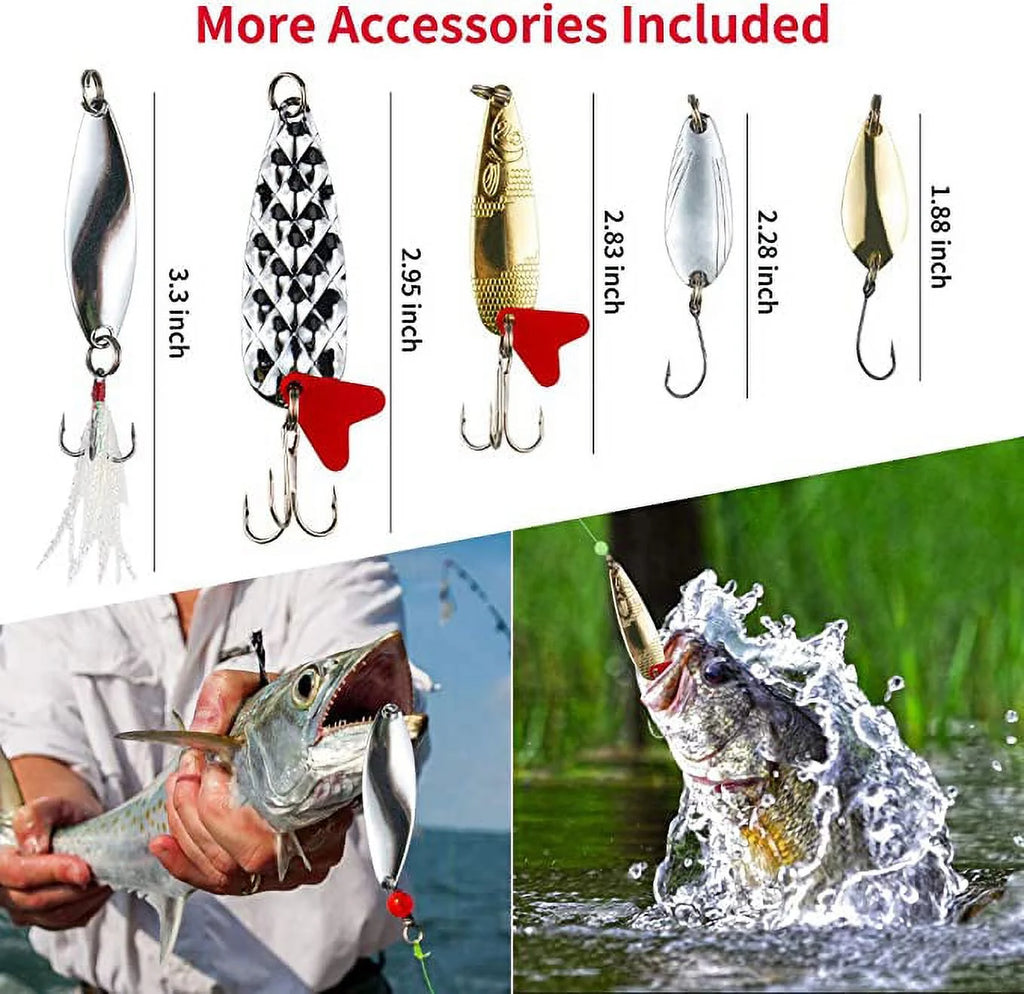 Fishing Lures Kit for Freshwater Bait Tackle Kit for Bass Trout Salmon Fishing Accessories Tackle Box Including Spoon Lures Soft Plastic Worms 78-Piece