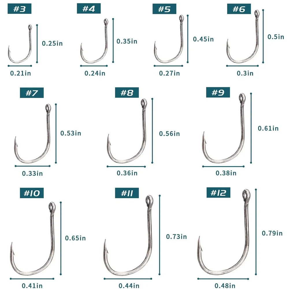 Small Assorted 500Pcs Fish Hooks - 10 Sizes, Black Silver Sharpened, High Carbon Material with Quality Kit
