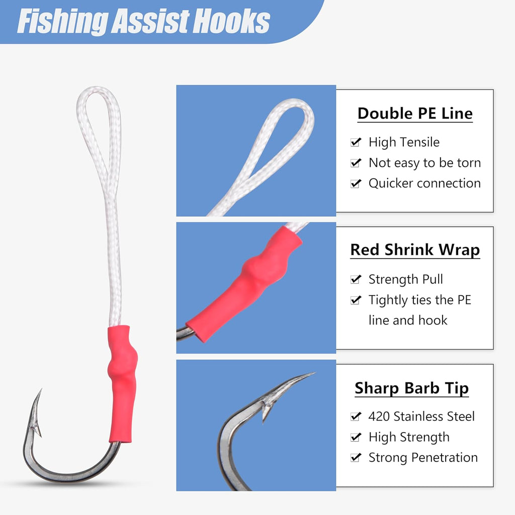 Fishing Assist Hooks with PE Line for Jigging, 30Pcs Saltwater Jigging Assist Hooks Vertical Butterfly Jig Slow Pitch Jig Braid Cords
